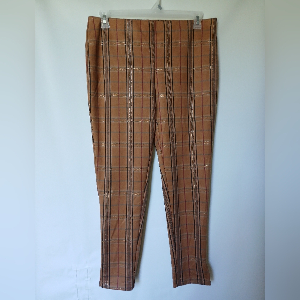 Zac & Rachel Womens Stretch Ankle Pull On Pants Size L Color Brown Plaid Pattern